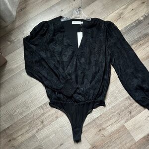 NanaMacs Black Floral Jacquard Long-Sleeve Bodysuit
